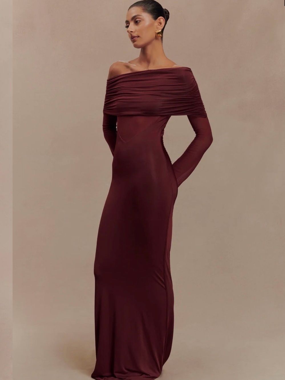 Meshki burgundy Kaitlin dress 

Off-Shoulder Long Sleeve Burgundy Maxi Dress